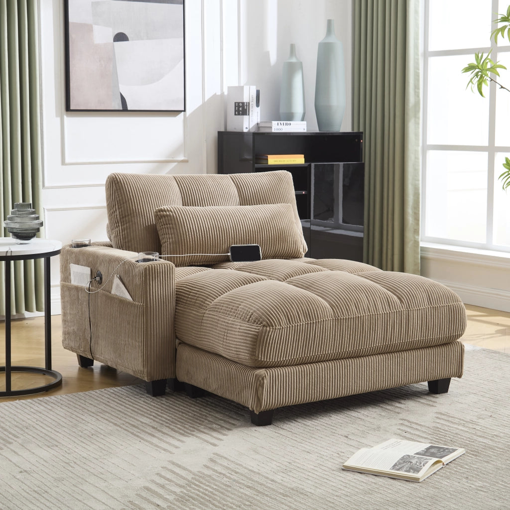 Poltrona Relax Con Poggiatesta Regolabile; Portabicchieri; Tasca Laterale; USB; Cuscino; in Velluto a Coste Khaki
