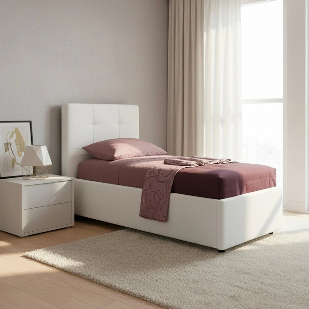 Letto singolo con contenitore Ascoli 102x210x124H ecopelle colore bianco