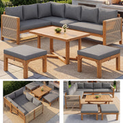 Set di mobili modulari da giardino in legno di acacia divano angolare 6 posti con cuscini 2 sgabelli e tavolo in legno di acacia traspirante e antischizzi per terrazza e giardino