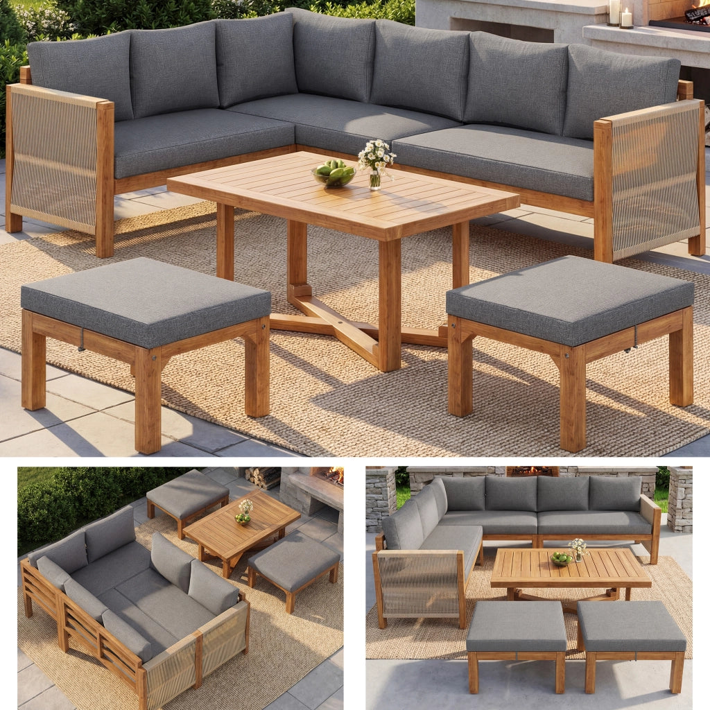 Set di mobili modulari da giardino in legno di acacia divano angolare 6 posti con cuscini 2 sgabelli e tavolo in legno di acacia traspirante e antischizzi per terrazza e giardino