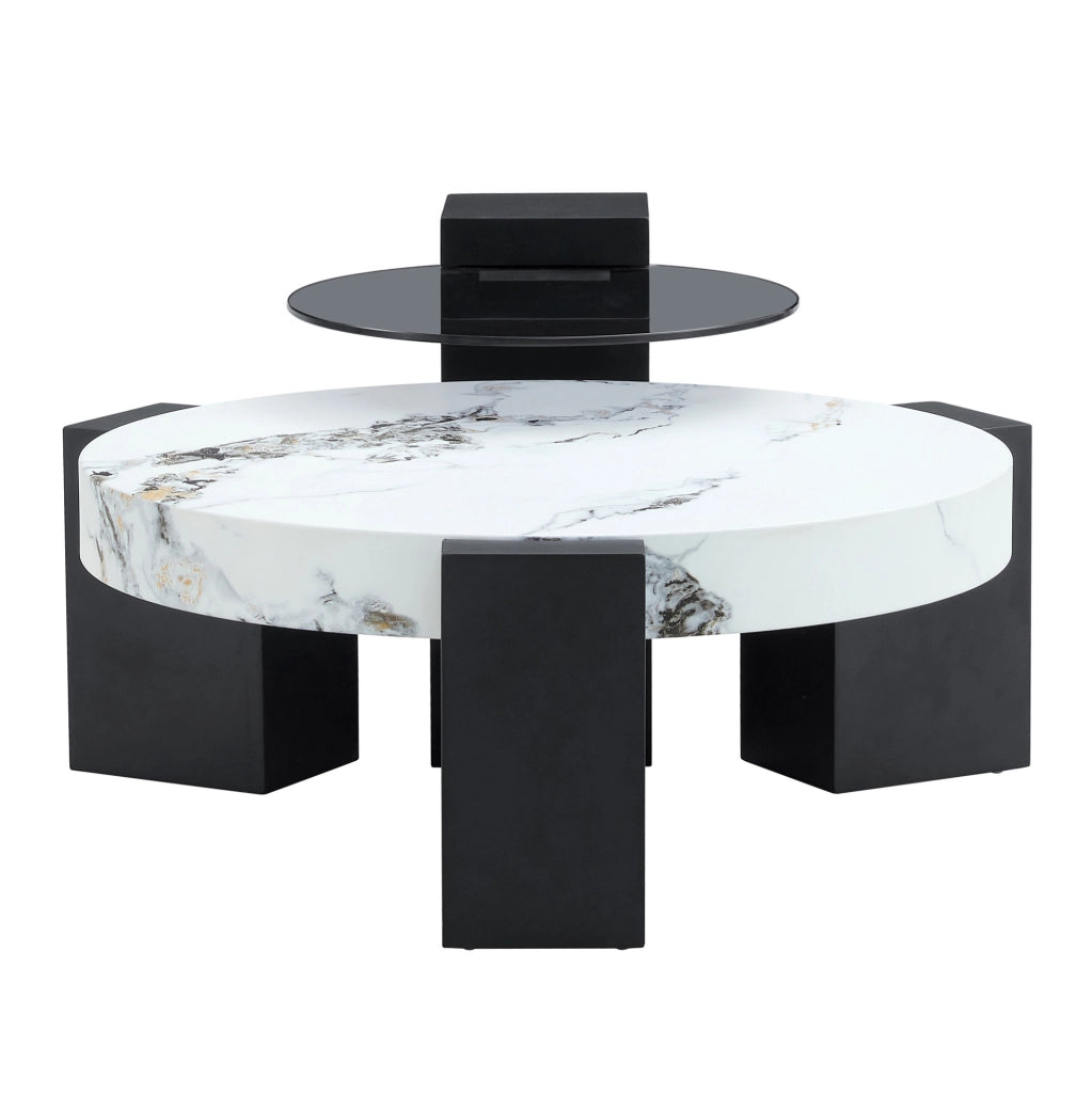 Set di 2 tavolini rotondi 61 e 44 cm in MDF e vetro bianco e nero