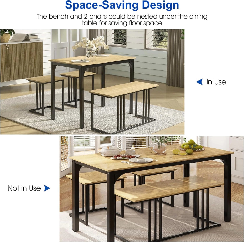 Set tavolo e sedia da pranzo 4 pezzi, tavolo da cucina 4 persone 120 x 60 x 75 con 1 panca e 2 sgabelli, struttura in metallo, per sala da pranzo, soggiorno, caffè (naturale)