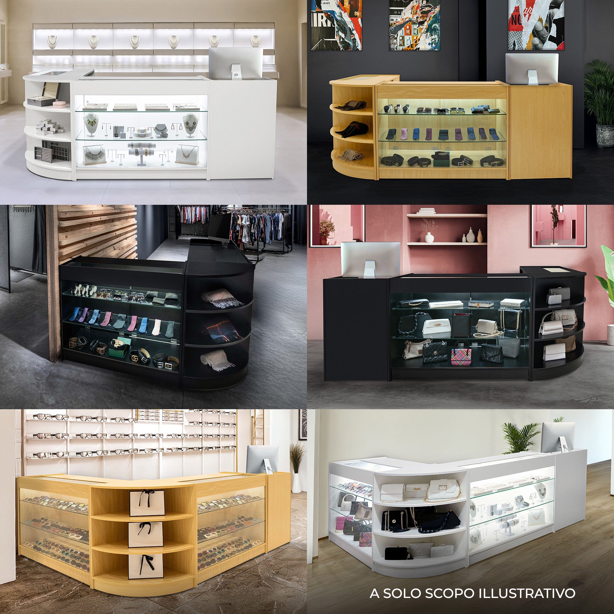 Set Banconi Bianco Selene LED C1200 CM60 con Serratura e Vetrina Espositiva