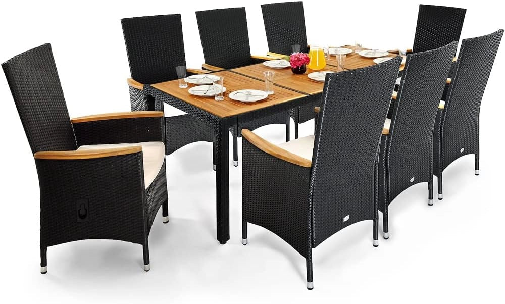 Casaria Salottino da Giardino 8+1 Polyrattan Cuscini 7cm Legno di Acacia 2 Sedie Reclinabili