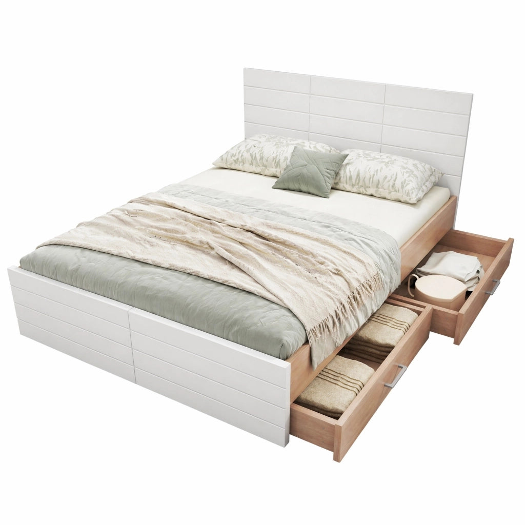 Letto matrimoniale 180x200 cm con 2 cassetti; rete a doghe; bianco e rovere