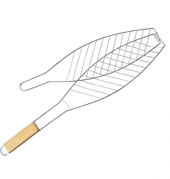 Grill per pesce, manico in acciaio inossidabile, impugnatura in legno, 57 cm, supporto per pesce, spiedino per barbecue per pesce
