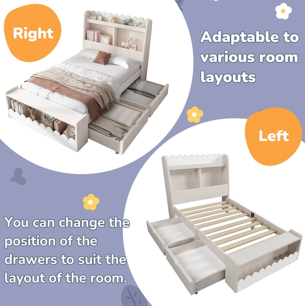 Letto singolo con 2 cassetti e ripiani; 90x190 cm; legno massello e MDF; bianco e rovere chiaro