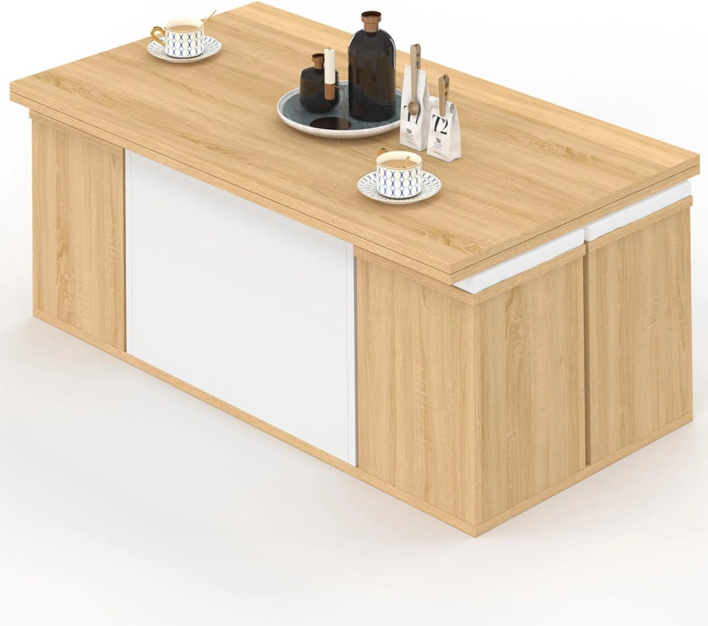 Tavolino rettangolare alzabile EDEN in legno e bianco con poggiapiedi