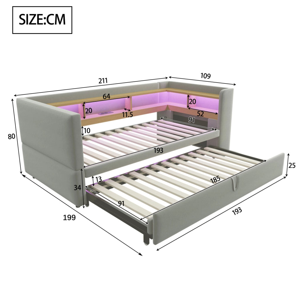 Divano letto estraibile 90/180x190 cm con LED; prese e vani portaoggetti; in flanella grigio chiaro