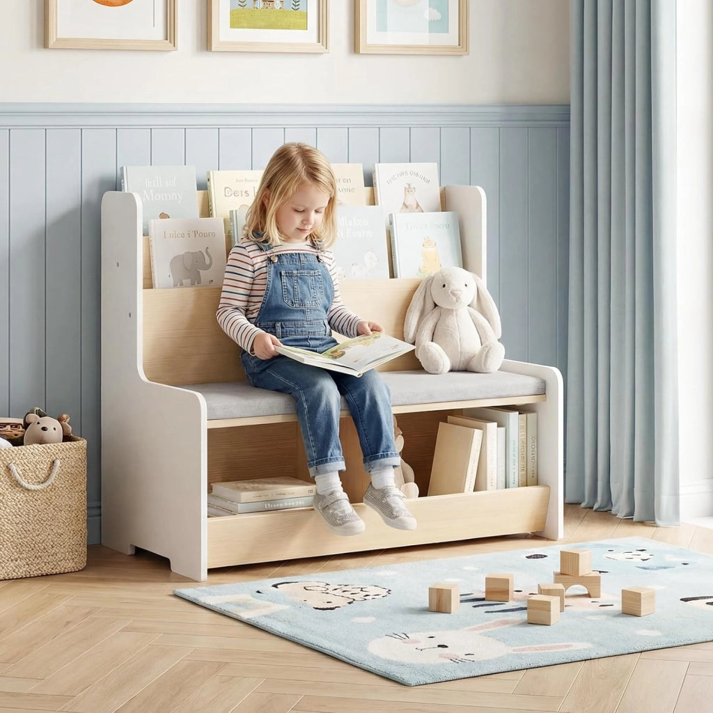 Libreria Montessoriana Salvaspazio per Bambini con Panchina Bianco | Porta Libri Bambini con Portariviste a 2 Ripiani, 2 Scomparti Aperti e Cuscino Seduta Rimovibile per Cameretta