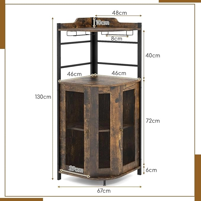 Mobile Bar Angolare, Mobiletto Multiuso con Porta Bicchieri, 2 Porte Ventilate in Rete Metallica e Ripiano Regolabile, per Cucina, Sala da Pranzo e Soggiorno (Marrone)