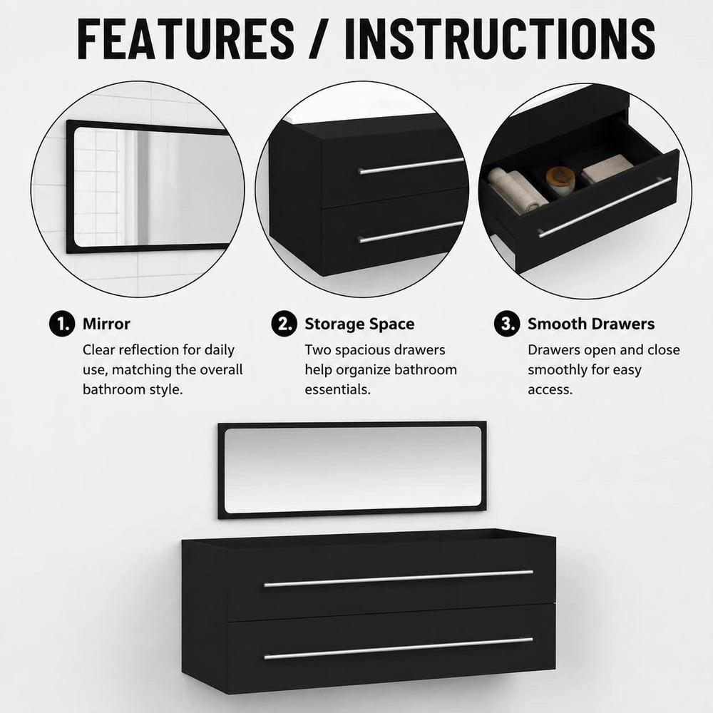 Bathroom Cabinet With Mirror, Black, Made Of Engineered Wood