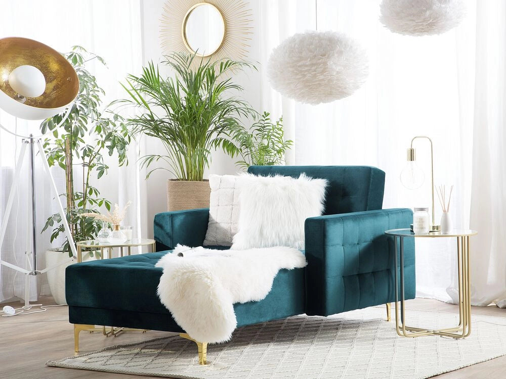 Chaise longue Foglia di tè Velluto Trapuntato Tessuto Moderno Soggiorno Divano Reclinabile Gambe Dorate Bracci Pista