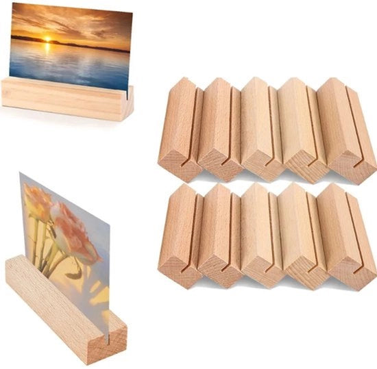 10 supporti in legno robusti e sostenibili, comprendenti supporti per foto, supporti per menu, supporti per vista, supporti per foto e standard in legno con dimensioni 10*3*2 cm.