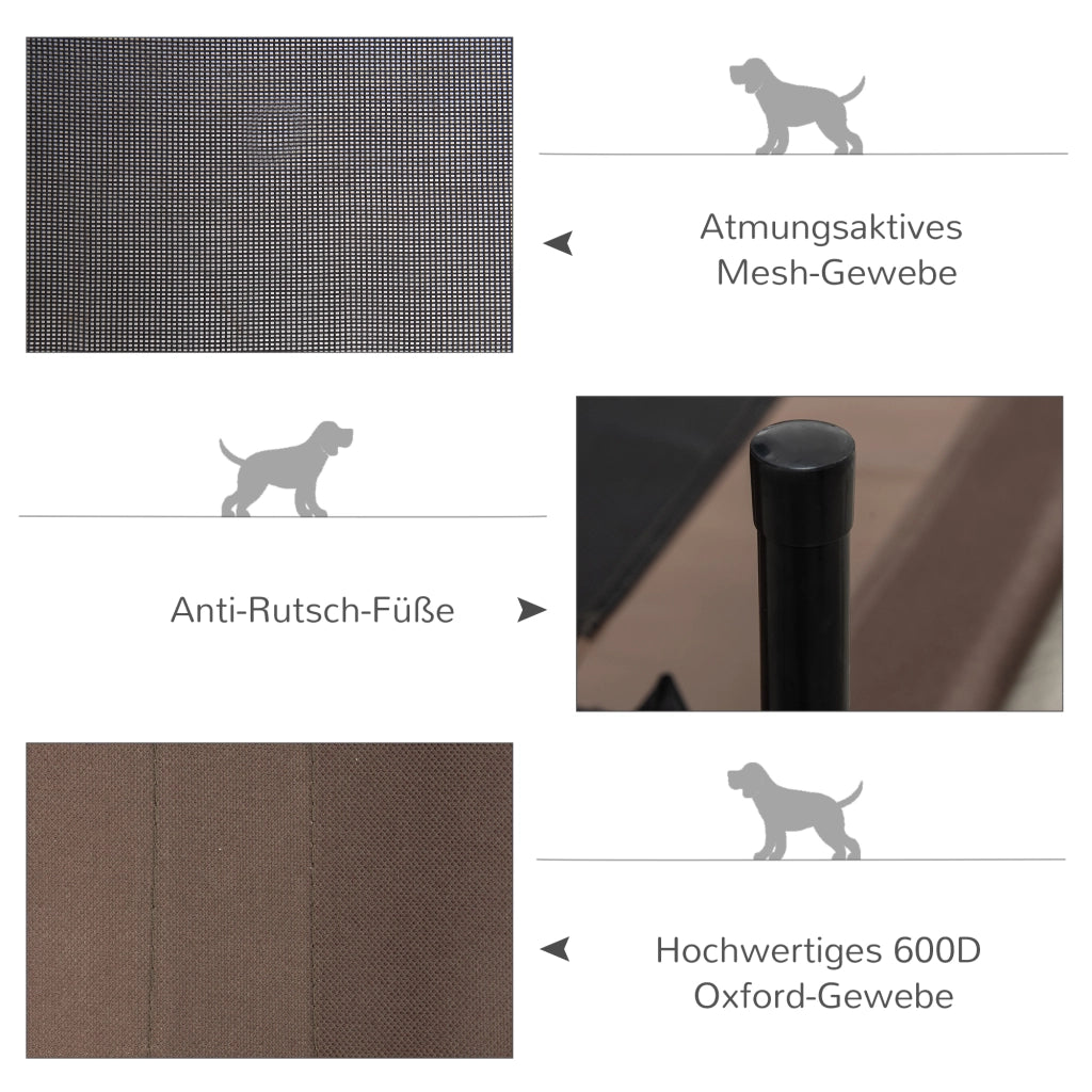 Cuccia per cani rialzata con telaio in acciaio, tessuto Oxford e rete traspirante per esterni marrone 76 × 61 × 18 cm