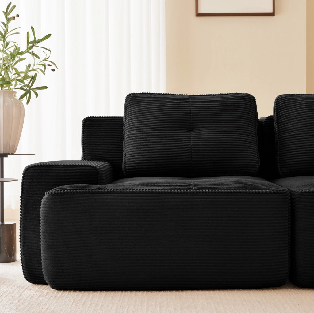 Divano angolare modulare 295x206x69 cm in velluto a coste nero; senza montaggio