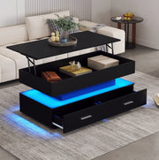 Tavolino da salotto sollevabile 100x50x44 cm in truciolare nero con LED e 2 cassetti