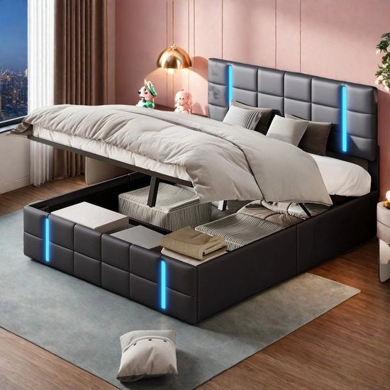 Letto moderno con grande capacità di stoccaggio, in pelle nera PU, letto a due piazze per adolescenti, letto idraulico per bambini