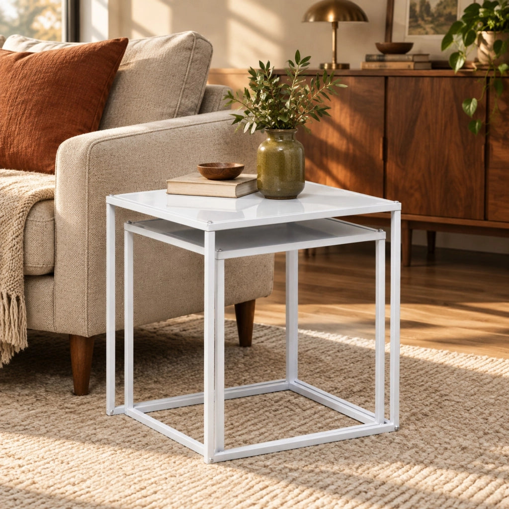 Set di 2 tavolini quadrati in acciaio bianco