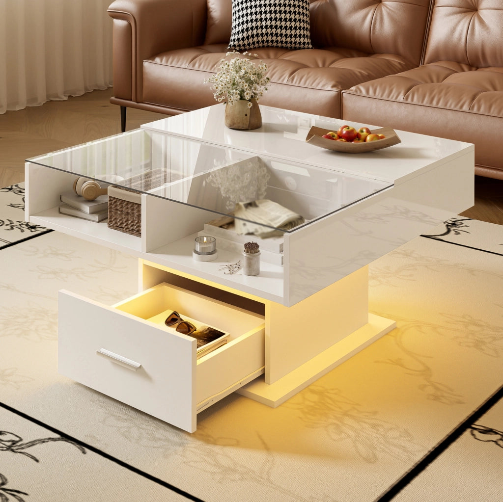 Tavolino da caffè lift-top in pannello truciolare bianco lucido; 78x78 cm; con LED e spazio contenitivo