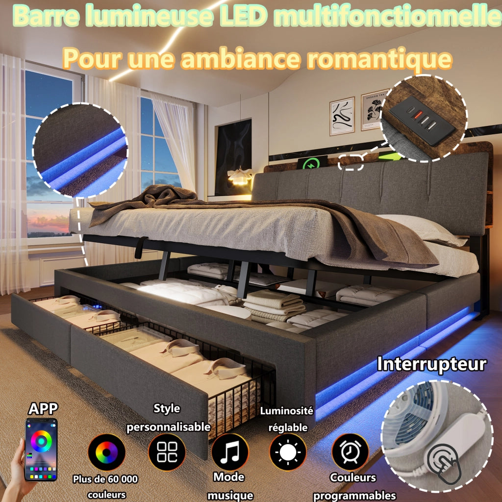 Letto Contenitore 180x200 cm; Matrimoniale - USB; Type-C; LED; Grigio