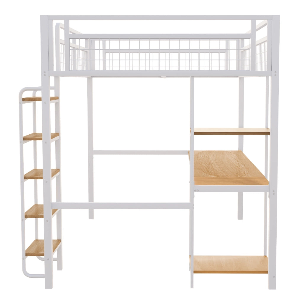Letto a soppalco 140x200 cm con scala; tavolo e ripiani; bianco
