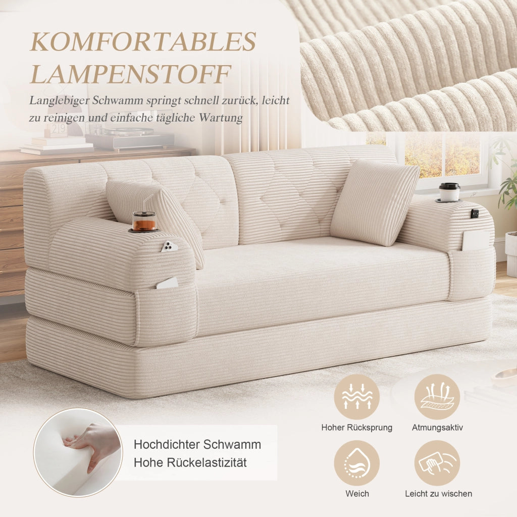 DIVANO LETTO 2 POSTI 168 cm Beige in tessuto a coste con schienale alto