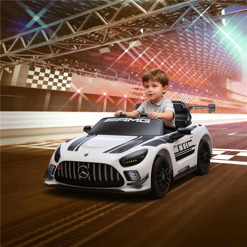 AUTO ELETTRICA BAMBINI 3-8 ANNI MERCEDES-AMG 12V CON TELECOMANDO, LUCI LED, ROTELLE DI TRASPORTO, BIANCO