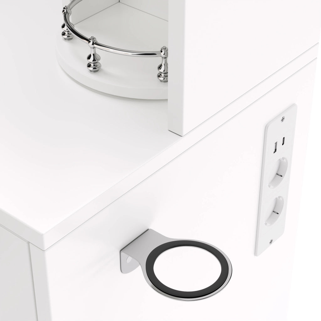 Toeletta con specchio LED dimmerabile; organizer girevole e USB-C; 115x40x142 cm; bianca