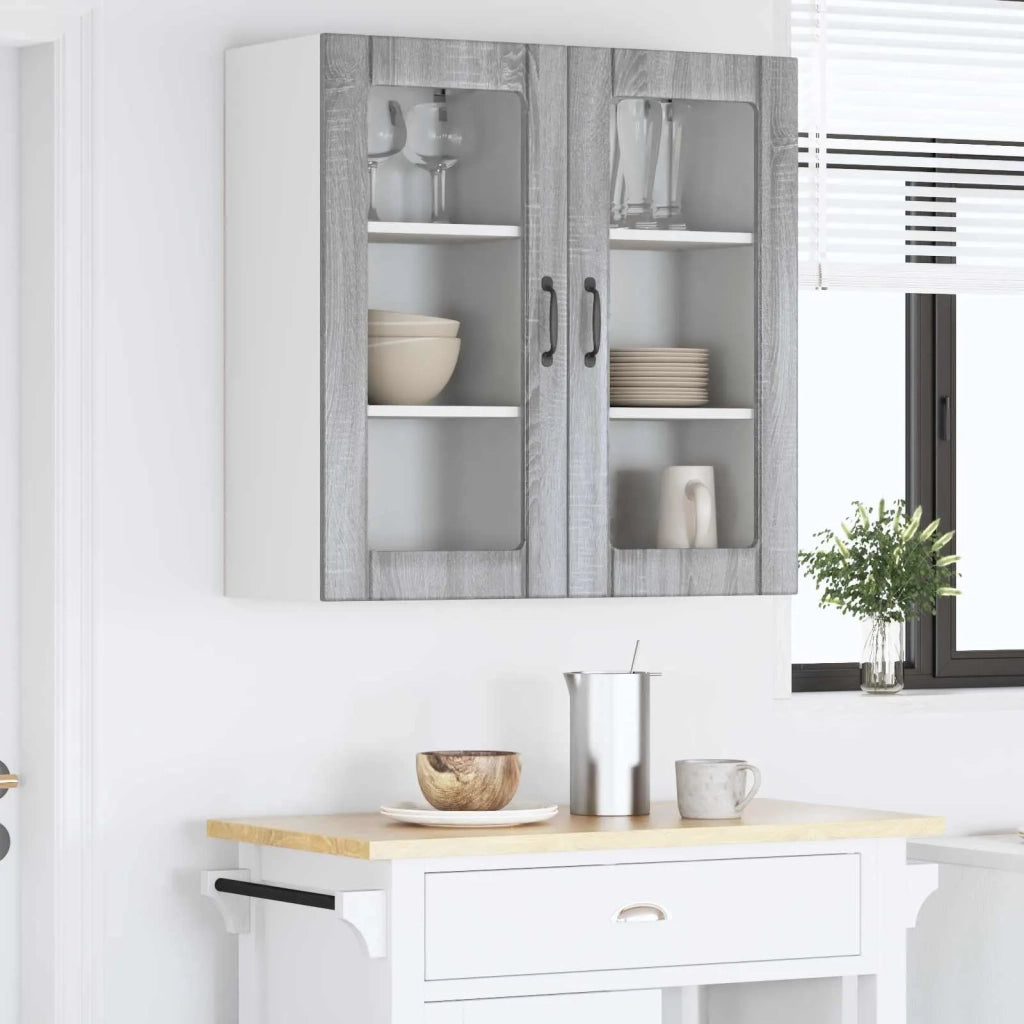 Pensile da cucina | Mobile in vetro da parete PORTO 2 pz Grigio Sonoma