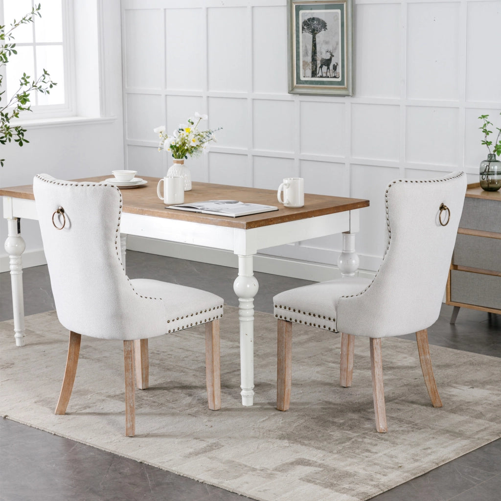 Sedie da Pranzo Imbottite in Lino con Gambe in Legno Massello, Set 2 Pezzi ¨C Xylo ¨C Beige