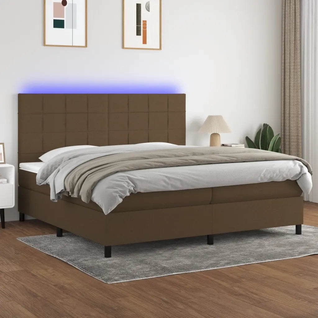 Letto a Molle Materasso e LED Marronescuro 200x200cm in Tessuto