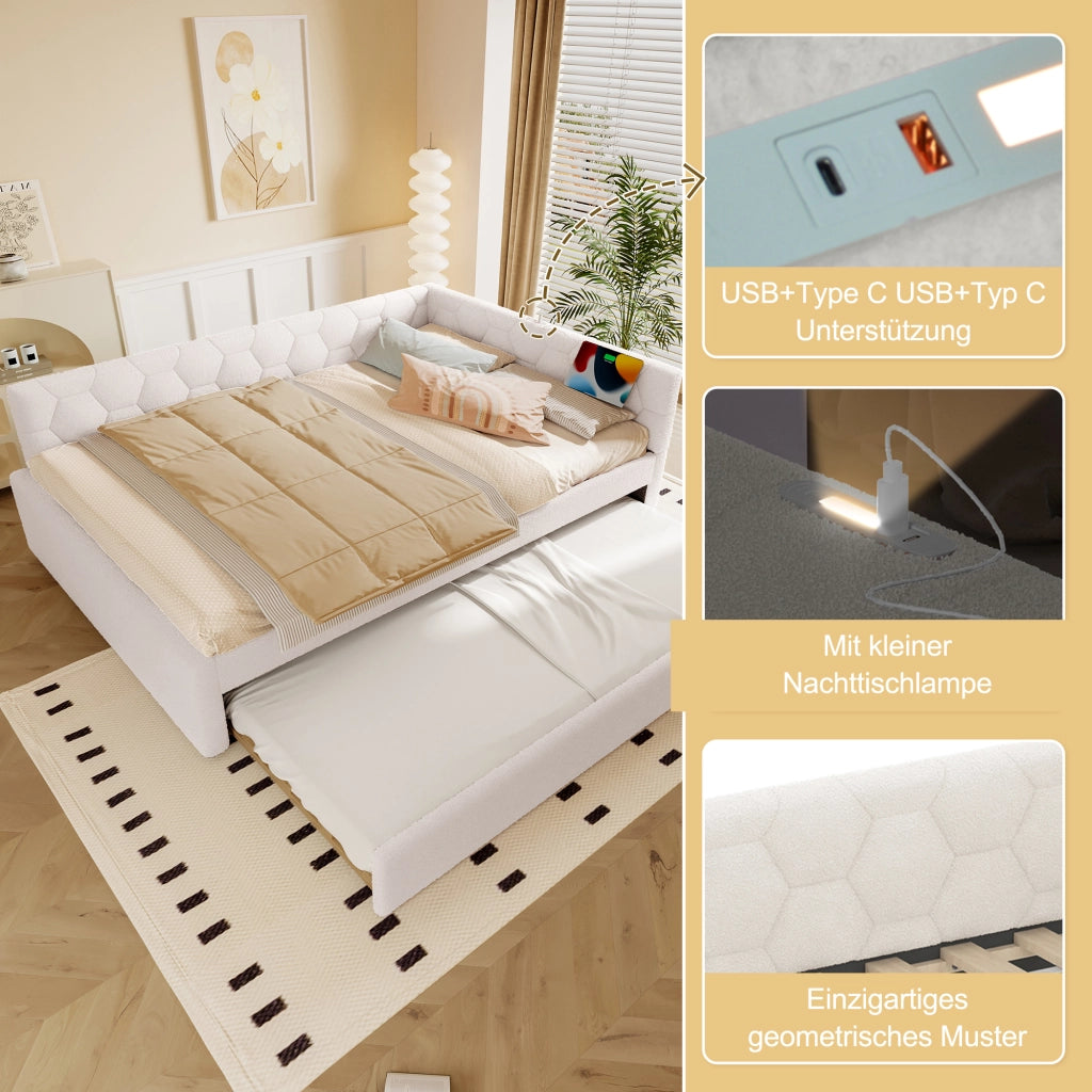 LETTO Daybed 140x200 cm bianco con letto estraibile, USB e Type-C
