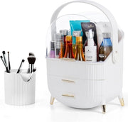Organizzatore di magazzino - Bianco - Cassa a spigoli - 3 Livelli Latta - Maniglia rotante - Coperchio trasparente - Impermeabile - Stagnante - Display cosmetici & skincare - Viaggi - Armadio.