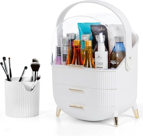 Organizzatore di magazzino - Bianco - Cassa a spigoli - 3 Livelli Latta - Maniglia rotante - Coperchio trasparente - Impermeabile - Stagnante - Display cosmetici & skincare - Viaggi - Armadio.