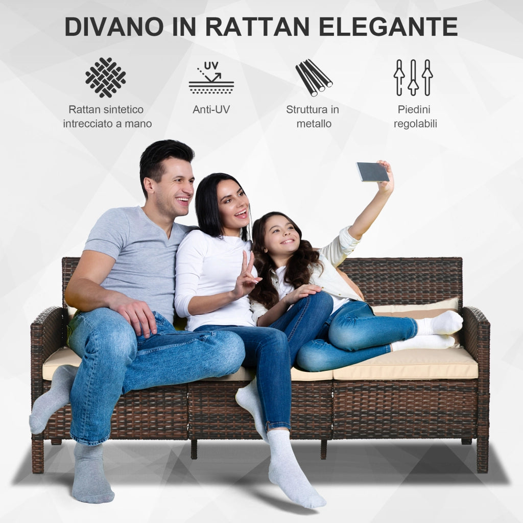 Divano 3 Posti da Esterno in Rattan PE con Cuscini Sfoderabili ¨C zephmum ¨C Marrone, 173x68x78 cm