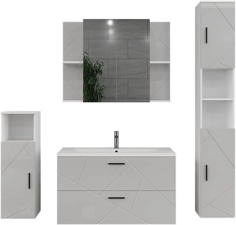 Set di mobili da bagno Irma, Bianco/bianco lucido, 100 cm, composto da mobile sottolavabo, lavabo, pensile, colonna e mobile medio