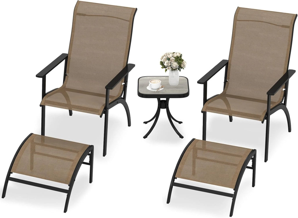 Set di Mobile da Giardino in 5 Pezzi, Set Tavolo e Sedie da Balcone in Tessuto Textilene, Set da Bistrò con Tavolo, 2 Sedie Adirondack e 2 Poggiapiedi per Terrazza, Bordo di Piscina, Marrone