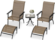 Set di Mobile da Giardino in 5 Pezzi, Set Tavolo e Sedie da Balcone in Tessuto Textilene, Set da Bistrò con Tavolo, 2 Sedie Adirondack e 2 Poggiapiedi per Terrazza, Bordo di Piscina, Marrone