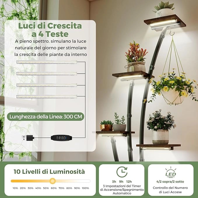 Scaffale per Piante da Interno ed Esterno, Porta Piante Angolare in Metallo a 8 Ripiani con Luci di Crescita, Porta Vasi per Balcone, Soggiorno e Giardino, 67 x 30 x 156 cm