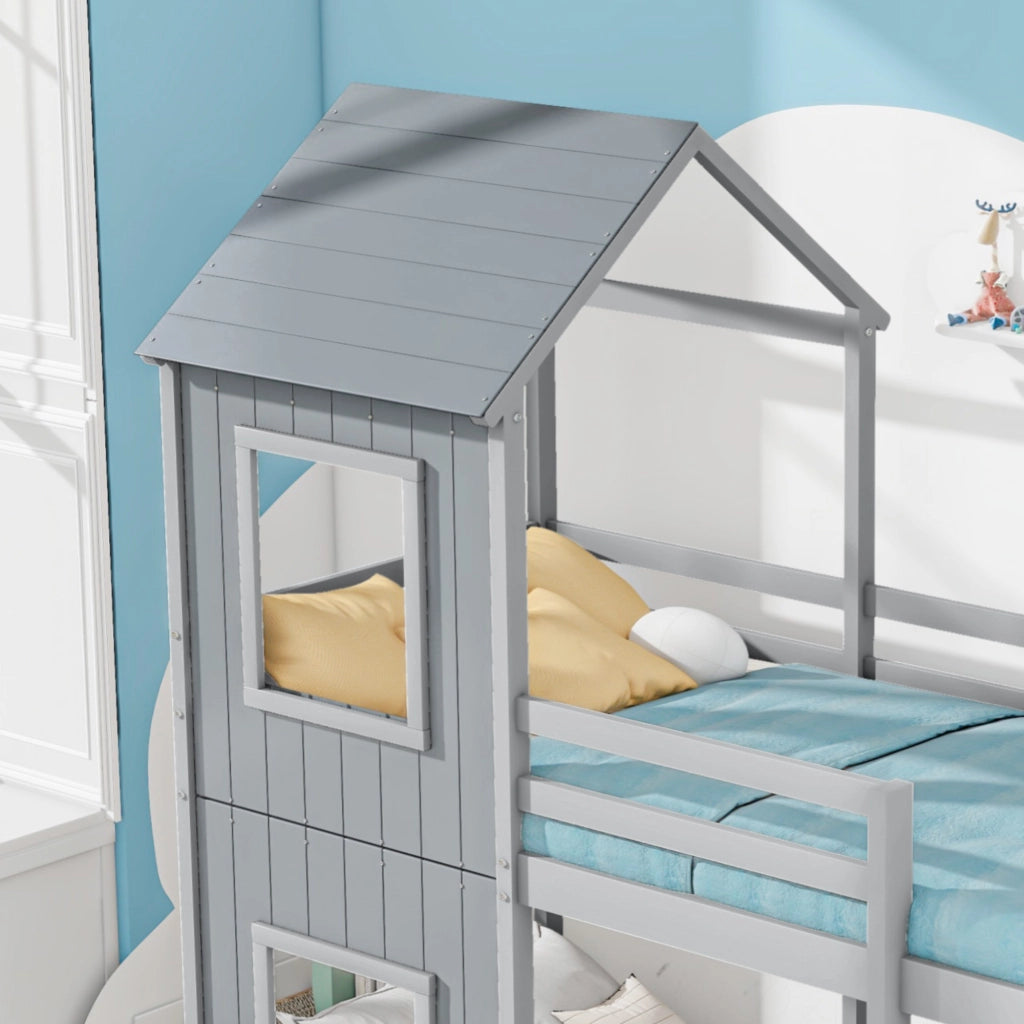 Letto a castello funzionale in pino grigio 90x200 cm