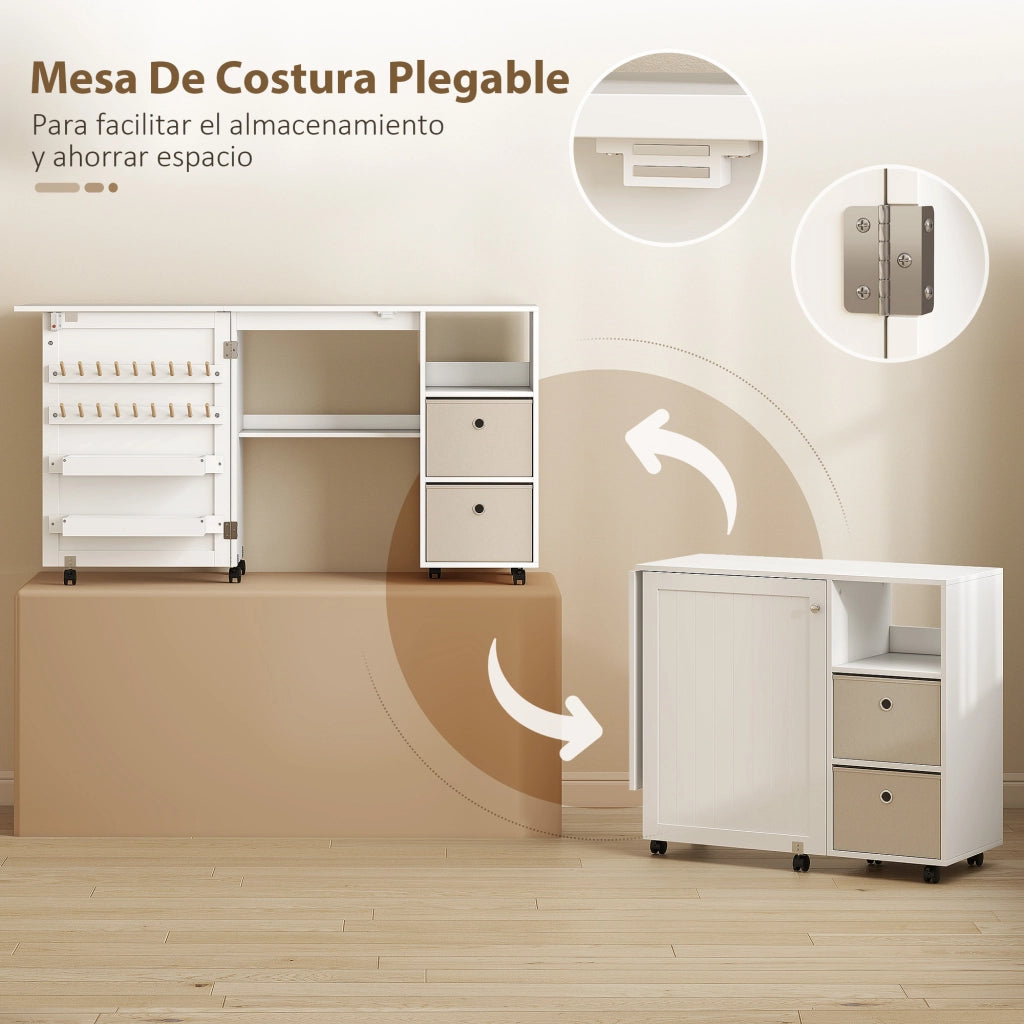 Tavolo da cucito pieghevole ¨C zephmum ¨C con cassetti e ruote bianco