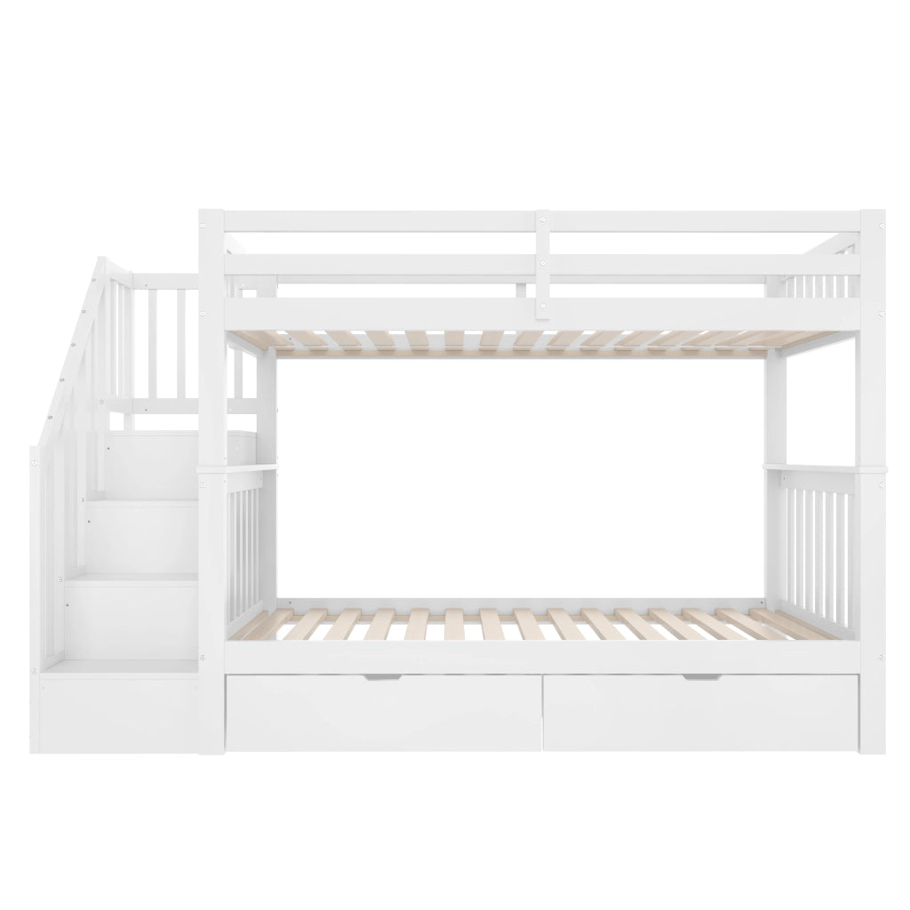 OKWISH Letto a Castello 90×200 cm, Letto Singolo con Scala a Mensole, 2 Cassetti e Sponde Alte, senza Materasso, Bianco