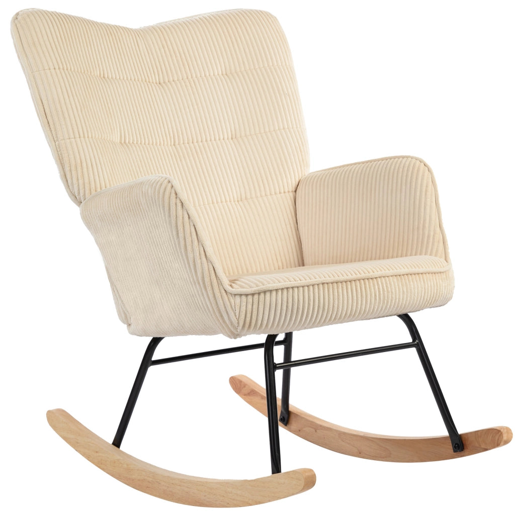 Sedia a dondolo 98x71x101 cm con schienale trapuntato in corda; in legno beige