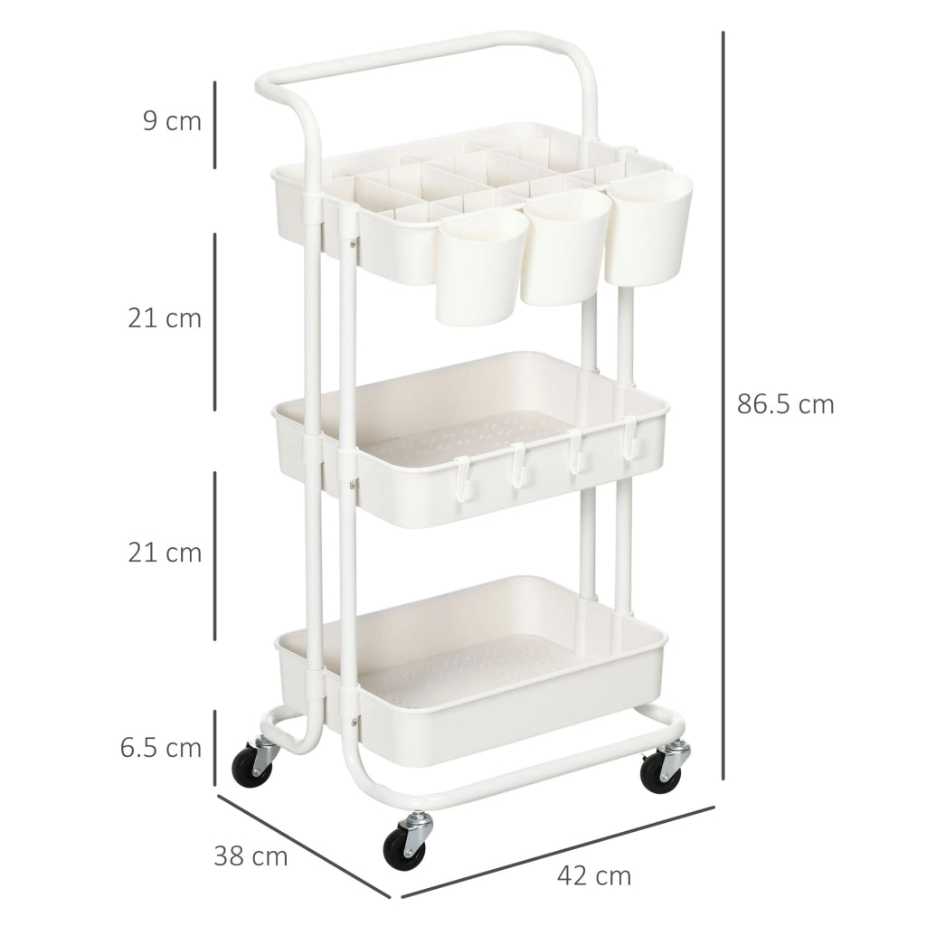 Carrello da Cucina Multiuso a 3 Livelli con Cestini e Ganci Rimovibili Ripiano con 12 Divisori in Acciaio e ABS Bianco