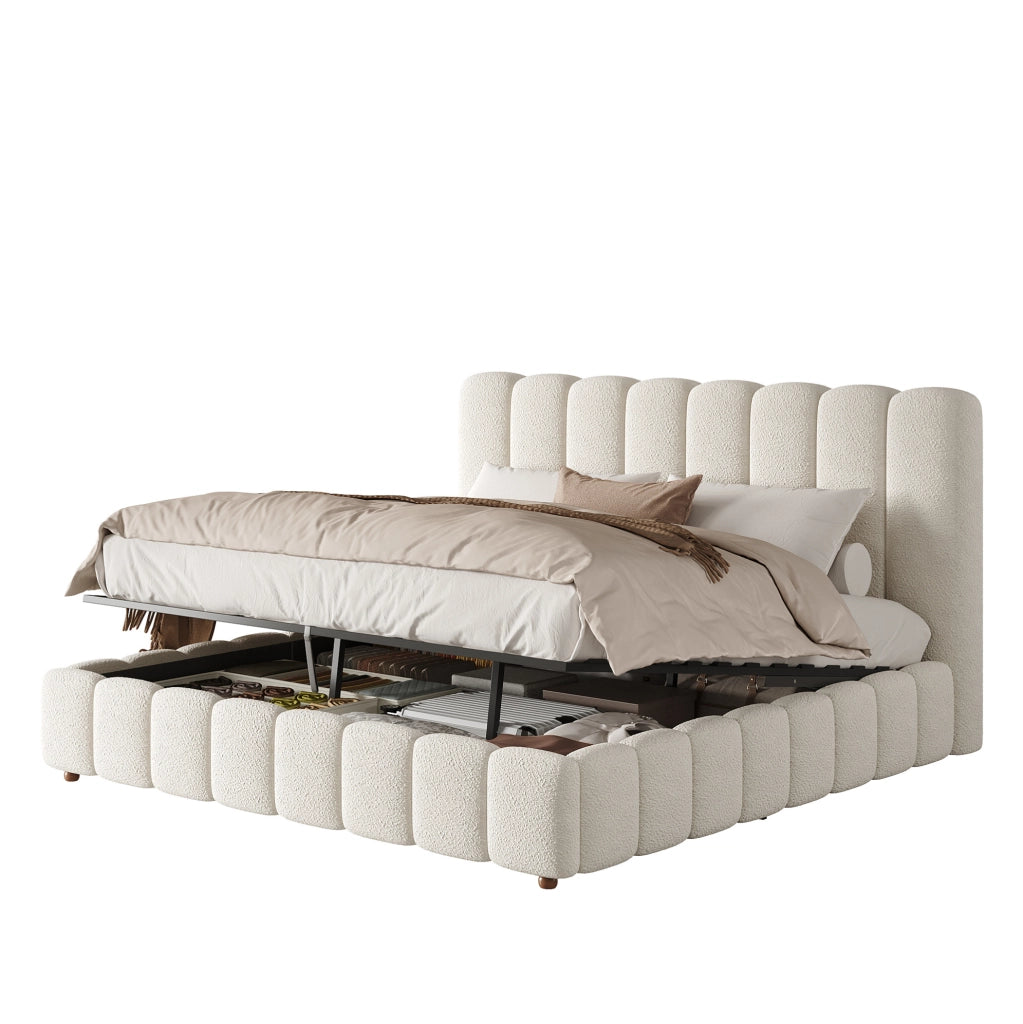 Letto matrimoniale 200x200 cm con contenitore idraulico; testiera imbottita; bouclé bianco