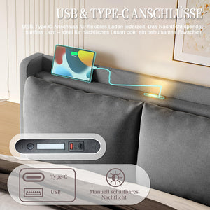 Letto a baldacchino 160x200cm - Xylo - velluto USB-C LED testiera imbottita