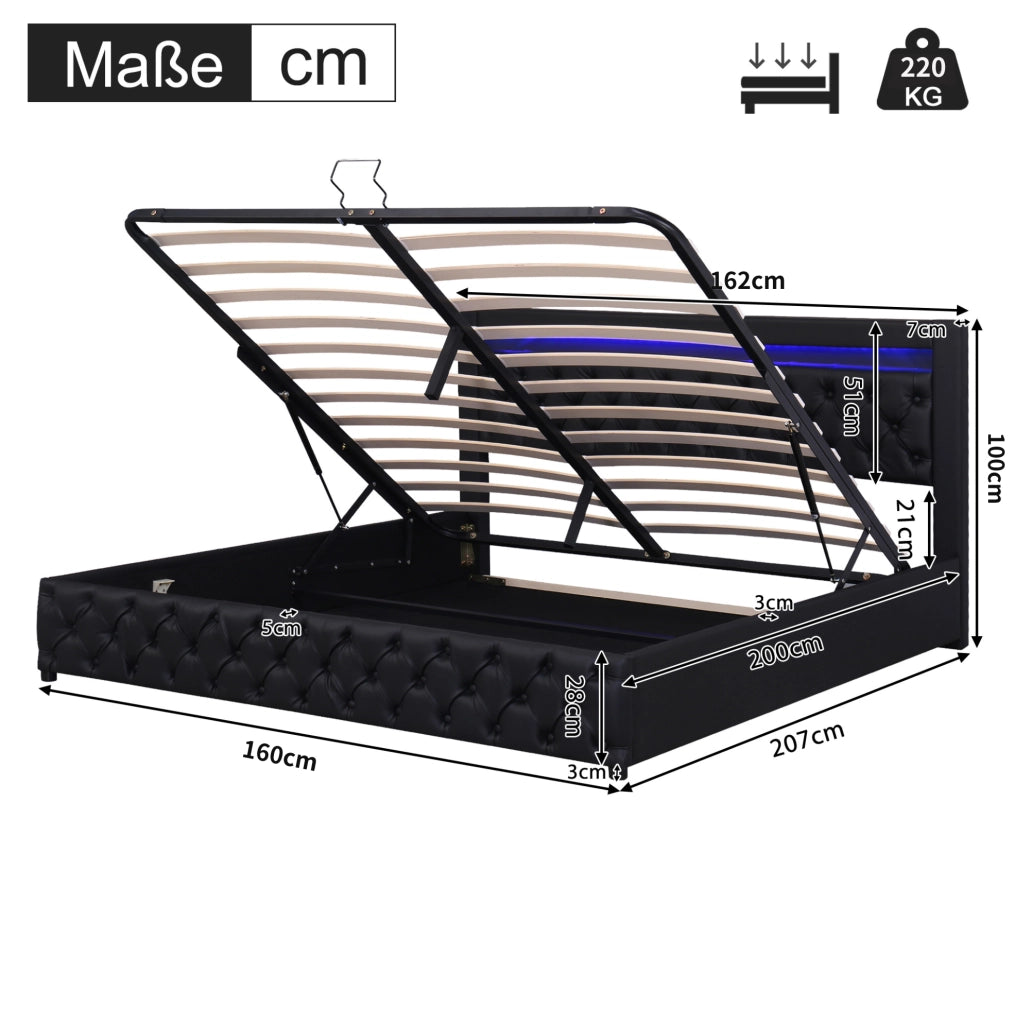 Letto matrimoniale imbottito 160x200 cm con contenitore e LED; rivestimento in PU nero