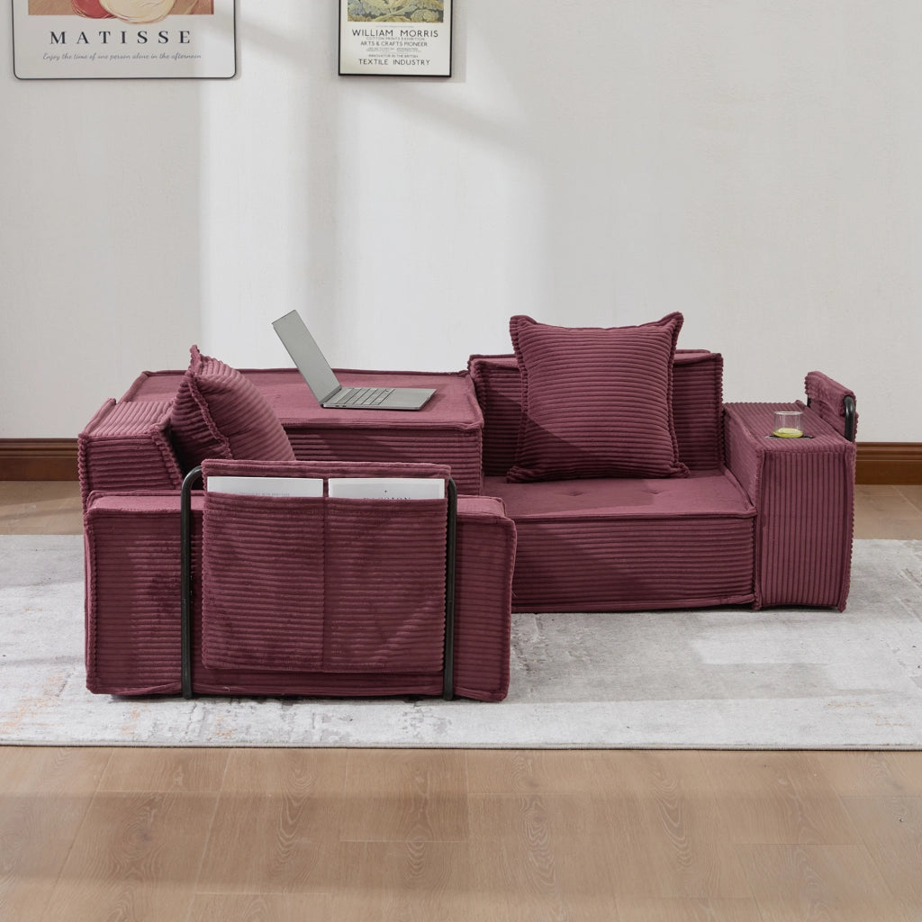 Divano pouf modulare in velluto a coste con cuscini 162x78x66 cm; rosso vino