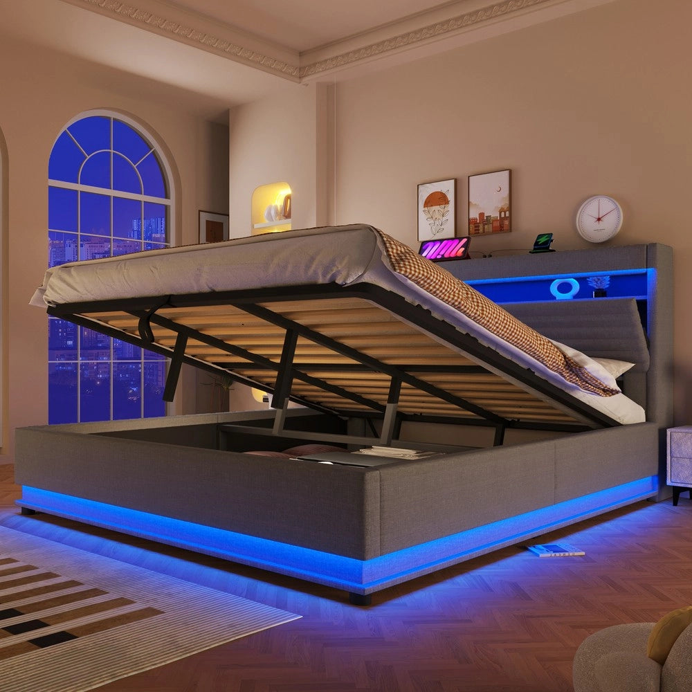 Letto Imbottito Contenitore con LED e USB ¨C MINIMAL ¨C Tessuto Grigio 180x200